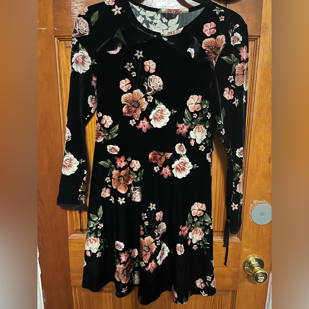 Topshop Black Velvet Dress with Pink Floral Design